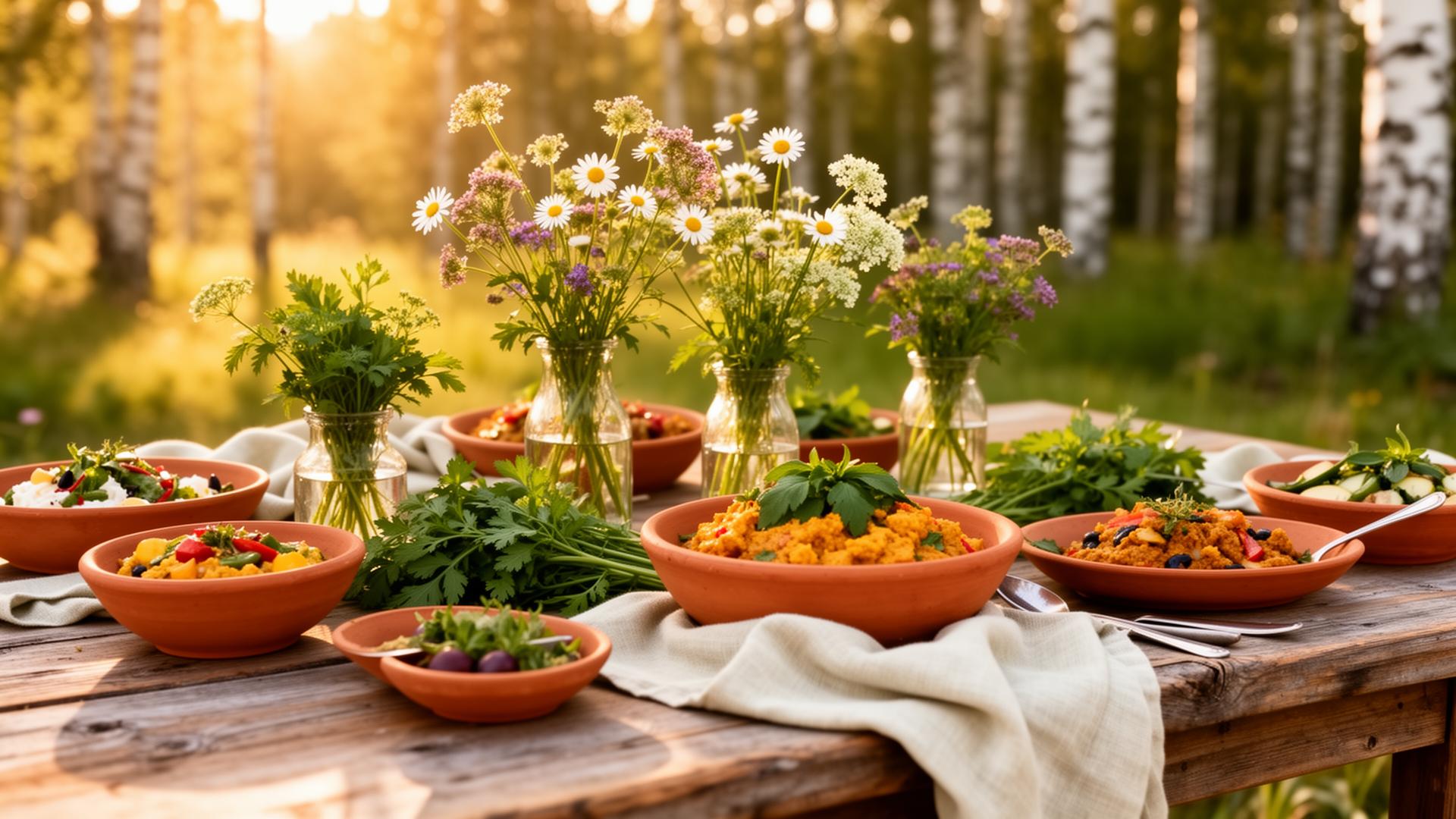 Sommarbord i Dalarna med växtbaserad mat och vilda blommor
